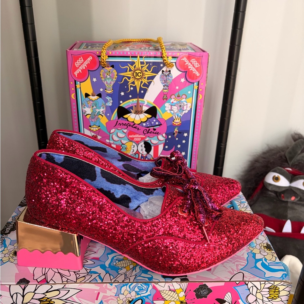 Irregular Choice Red Glitter Heels with Gold Block Heel